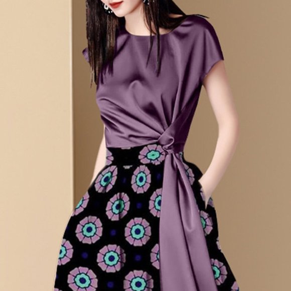 Women Blouse and Skirt Set Print Midi Skirt and Solid Blouse - Picture 3 of 6